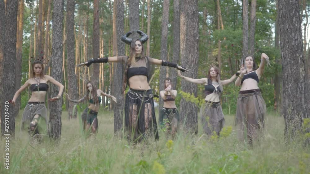 Group of women dancers with make-up and in mystical fabulous costumes dancing groovy dance in color smoke. Forest fairies, dryads have fun among the trees. Performance of dancers outdoors. Group of women dancers with make-up and in mystical fabulous costumes dancing groovy dance in color smoke. Forest fairies, dryads have fun among the trees. Performance of dancers outdoors.