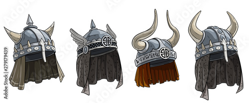 Cartoon metal viking warrior helmet with horns, wings and runes. Isolated on white background. Vector icon set.