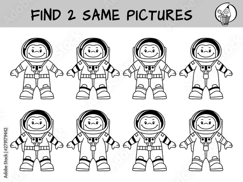 Astronaut. Find two same pictures. Educational game for children. Black and white cartoon vector illustration