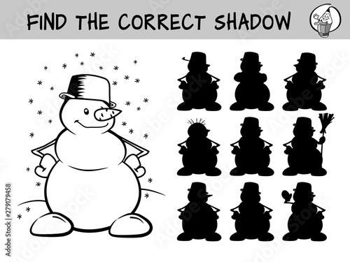 Happy snowman. Find the correct shadow. Educational matching game for children. Black and white cartoon vector illustration