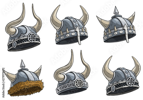 Cartoon metal viking warrior helmet with horns, fur and runes. Isolated on white background. Vector icon set. Vol. 3