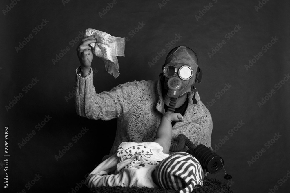 Young Dad cleaning his baby's dirty ass, changing the stinky diaper in