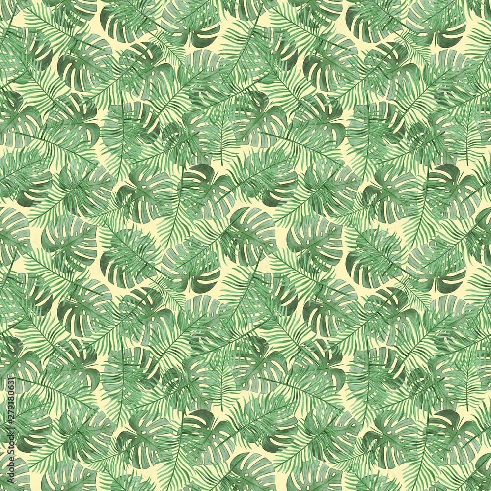 Watercolor seamless pattern of tropical leaves mostera