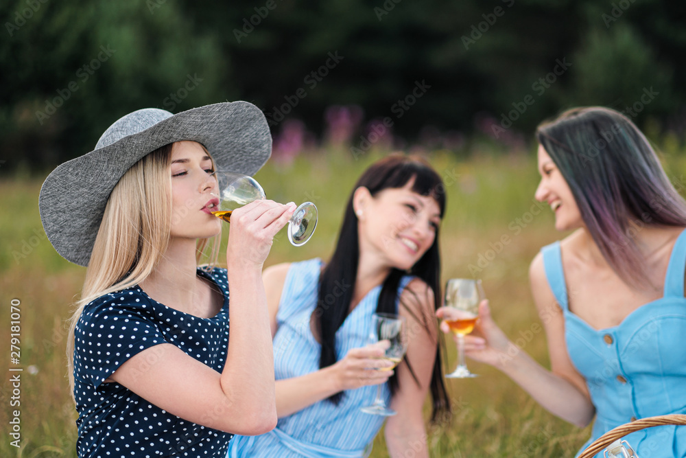 Three young women, blond, brunette and with dyed hair in blue dresses, and hats, sit on plaid and drink wine from glasses. Outdoor picnic on grass in forest. Delicious food in picnic basket. Three young women, blond, brunette and with dyed hair in blue dresses, and hats, sit on plaid and drink wine from glasses. Outdoor picnic on grass in forest. Delicious food in picnic basket.