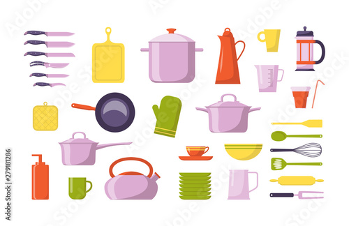 Kitchen tool flat icon collection. Vector illustration. Set with utensils for cooking, isolated on white.