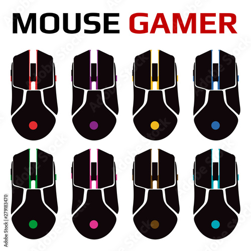 Illustration of several mouse gamer in different colors.