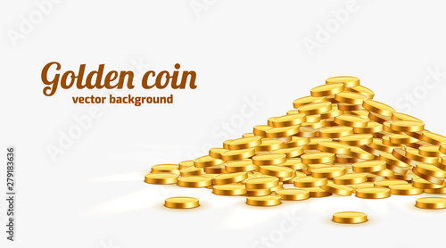 Gold shiny coins with star signs in heap. Big bunch of old metal money. Precious expensive treasure.