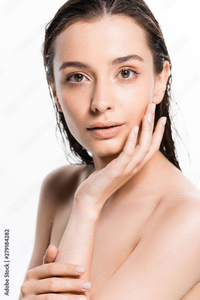 beautiful wet nude young woman looking at camera isolated on white beautiful wet nude young woman looking at camera isolated on white