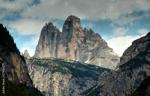 Beautiful view of Tre Cime di Lavaredo or Drei Zinnen, in Dolomites as seen from Valle di Landro in summer season. Veneto, Italy
