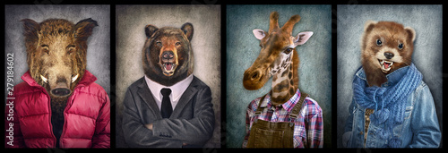 Animals in clothes. People with heads of animals. Concept graphic, photo manipulation for cover, advertising, prints on clothing and other. Boar, bear, giraffe, weasel.