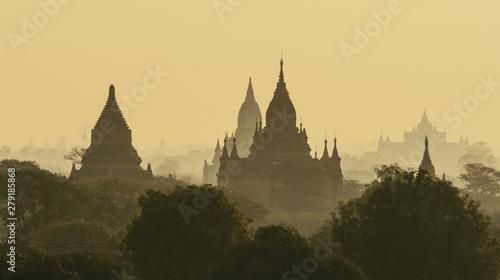 Ancient Buddhist temples at sunrise in Bagan
