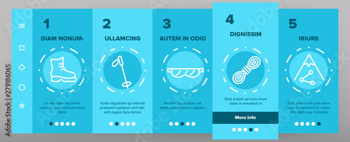 Color Alpinism And Mountaineering Equipment Vector Onboarding Mobile App Page Screen. Alpinism Extreme Hobby Outline Symbols Pack. Mountain Climbing, Hiking Instruments And Tools Illustrations
