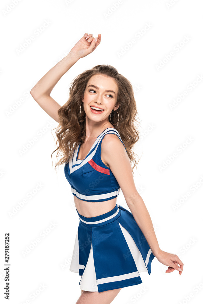 sexy happy cheerleader girl in blue uniform looking away isolated on white sexy happy cheerleader girl in blue uniform looking away isolated on white