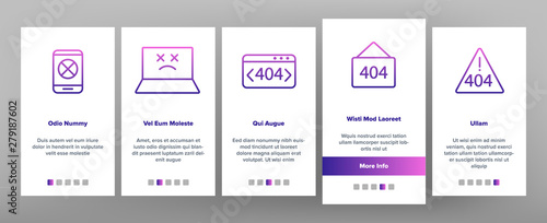 Color 404 HTTP Error Message Vector Onboarding Mobile App Page Screen. 404 Page Not Found Outline Symbols Pack. Internet Connection Problem, Broken Link. Standard Response Code Illustrations