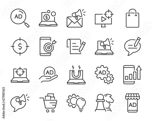 set of marketing icons, such as strategy, planning, service, campaign, customer target, social media ads