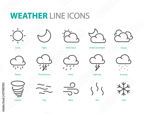set of weather icons, cloudy, night, sunny, rainny, thunderstorm, day, mist