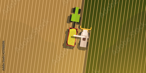 Aerial Top view of the field and harvesting.