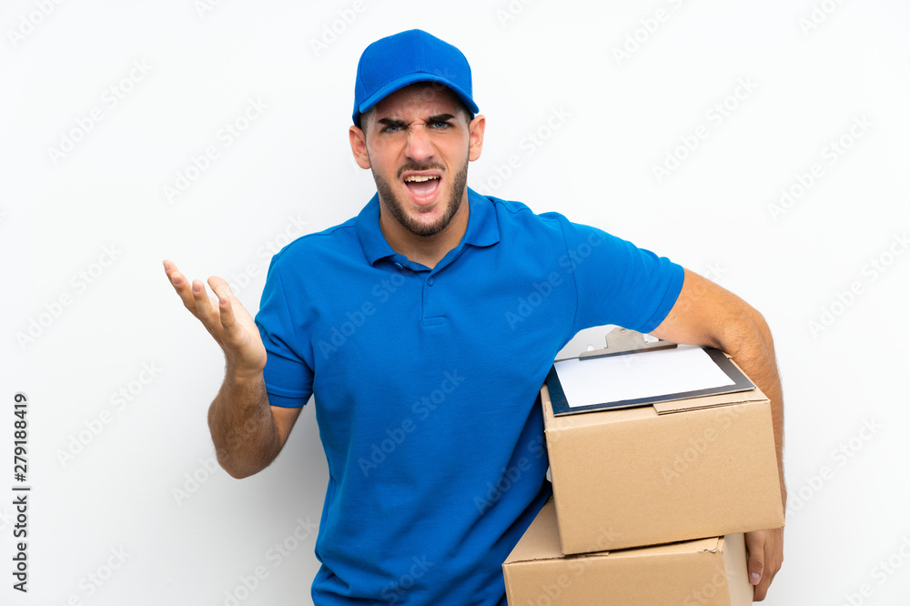 Delivery man over isolated white background unhappy and frustrated with something Delivery man over isolated white background unhappy and frustrated with something