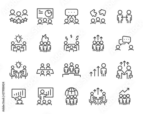 set of people line icons, such as team, meeting, video conference, group, management, leader