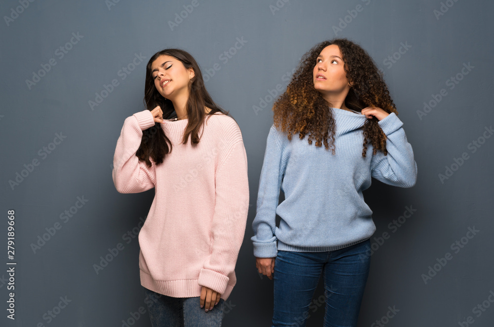 Teenager friends with tired and sick expression Teenager friends with tired and sick expression