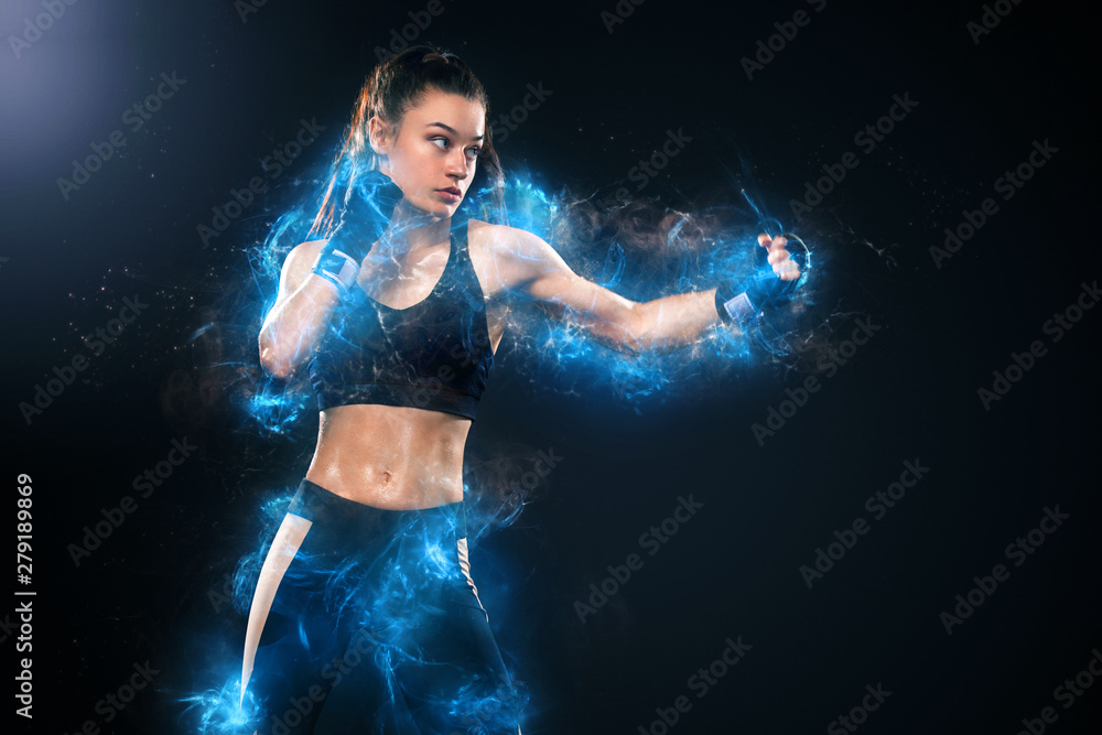 Obraz premium Sportsman, woman boxer fighting in gloves on black background. Boxing and fitness concept. Energy and motivation.