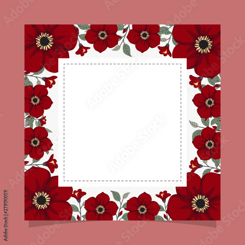 Floral greeting card and invitation template for wedding or birthday anniversary  Vector square shape of text box label and frame  Red flowers wreath ivy style with branch and leaves.