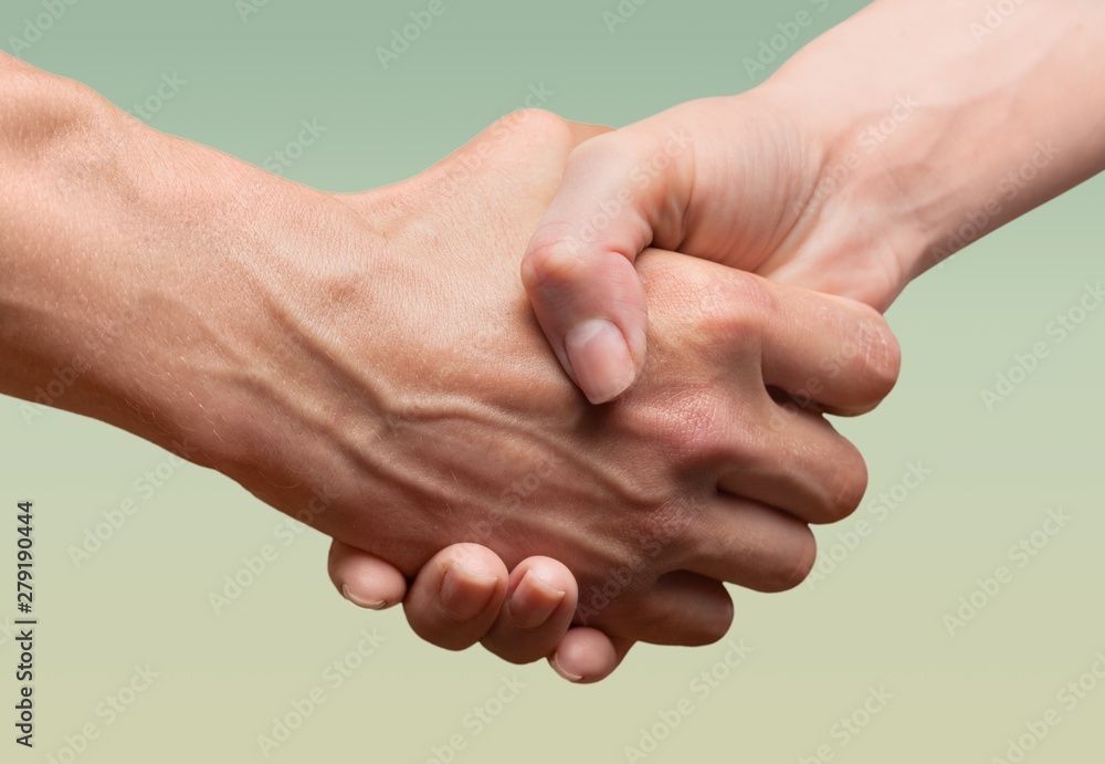 Business handshake and business buildings on light background Business handshake and business buildings on light background