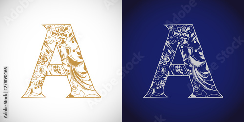A logotype. Cutting golden logo. A-name idea. Concept of capital letter A in ethnical vip style. Isolated abstract graphic design template. Decorative herbal symbol, flying fairy bird. Brand identity.