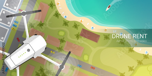 Drone flying over city and sea or beach. Aerial Drone taking photography and video.