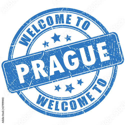 Blue ink stamp Welcome to Prague