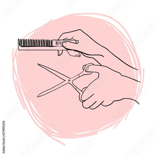 Hands cutting hair, hands of a hairdresser, hands and scissors, linear drawing in vector