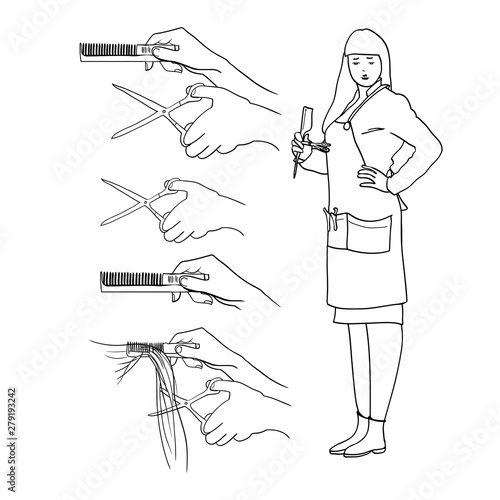 Girl hairdresser and hairdresser hand drawings set with scissors and comb, linear graphic illustrations in vector