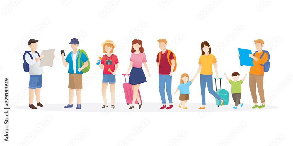 Set of people traveling. Vector set of people traveling. Vector flat style cartoon illustration isolated on white background. People and family on traveling