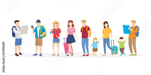 Set of people traveling. Vector set of people traveling. Vector flat style cartoon illustration isolated on white background. People and family on traveling