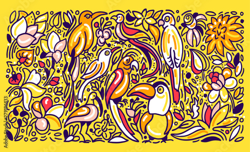 Exotic jungle. Tropical colorful background. Vector art