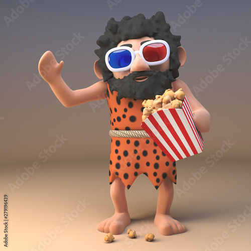 Caveman in animal pelt and long beard eating popcorn while watching a 3d movie, 3d illustration © Steve Young