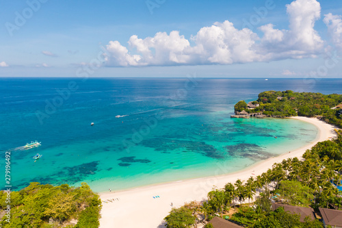 Beautiful Punta Bunga Beach on Boracay island, Philippines.Hotels near the beach in sunny weather. The coast of the island of Boracay for tourists.
