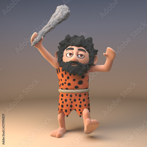 Angry stone age caveman in animal pelt with long beard waves his prehistoric club in the air while ranting, 3d illustration photo