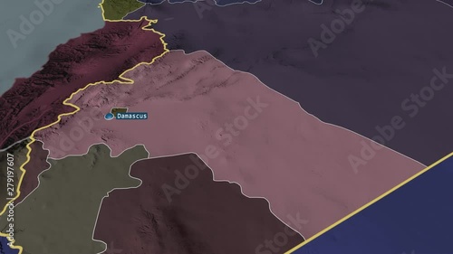 Rif Dimashq - province of Syria with its capital zoomed on the administrative map of the globe. Animation 3D photo