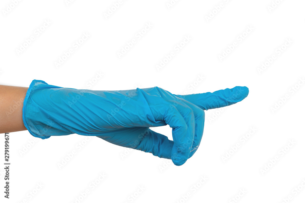 Index finger points up in blue rubber glove. Isolated on wite background. Index finger points up in blue rubber glove. Isolated on wite background.