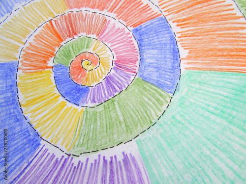 A multicolored pattern with colored pencils in the form of a spiral with a clear black broken line.