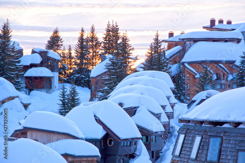 houses of Avoriaz village in France covered of snow