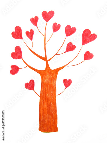 Fantastic love tree with bright red hearts instead of leaves drawn with pencils.