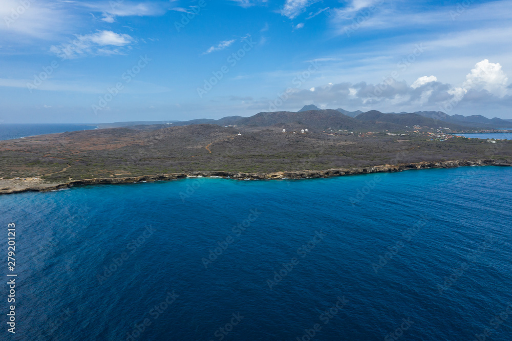 Aerial view over area Watamula with coastline and turquoise water - Curaçao/Caribbean /Dutch Antilles
