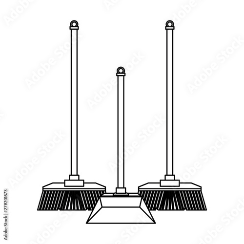 Set of cleaning equipment and products in black and white