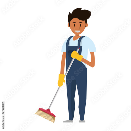Cleaner worker with cleaning products and equipment