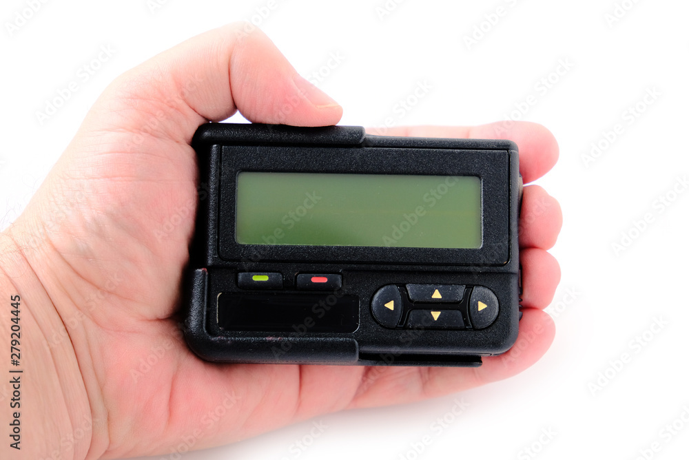 beeper in hand isolated on white background
