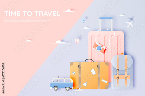 Travel various items in paper art style