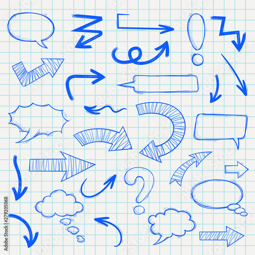 Hand drawn arrows and punctuation elements. Blue sketch on lined paper background