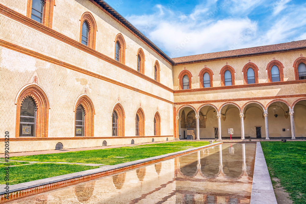 Fototapeta premium Courtyard of the ancient castle Castello Sforzesco (Sforza Castle) in the historic center of Milan, Italy